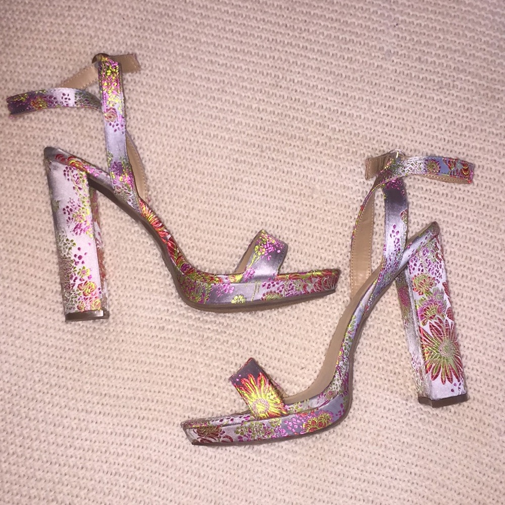 Floral embroidered ankle strap heels